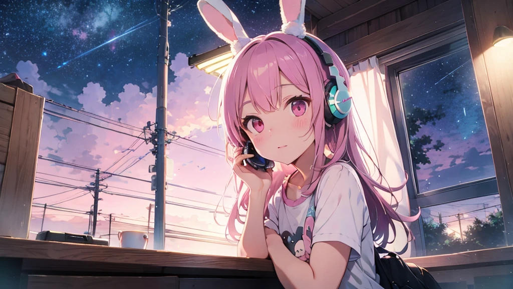 Highest quality, pretty girl, pastel colour, Fluffy bunny ears, Pink long hair,Pale pink eyes,You can see the starry sky from the window,Chill Pop,Lo-Fi,Wearing pink headphones