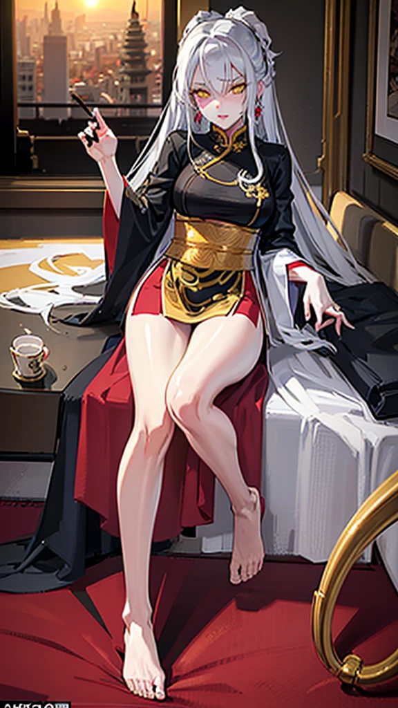 Woman with white hair and yellow eyes, mostrando os peitos, legs open showing pussy, with an angry face and a provocative look. Wearing gold and black traditional Chinese imperial clothing, with red Hanafuda earrings, with a short red skirt. On your knees in a hotel room bed, with a sunset in the window in the background.