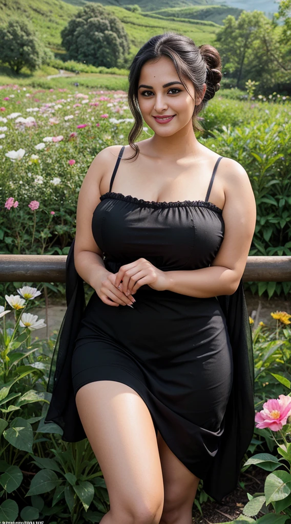Jaya Prada 26 years old beautiful different face cute sexy Indian girl, curvy figure, beautiful different colorful short sexy' dress ,  big breast, different bun hairstyle, bright eyes, thin eyebrows, fair skin, blushing cheeks, head to thigh view, smiling face, Kamasutra expression, Straight front view standing beautiful flowers valley  background, ultra realistic, head to thigh view, black hair, Provocative eye Contact, glossy lips, raining night weather, attractive eye contract face, background beautiful sunny flower valley. 