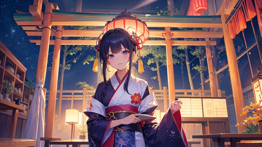 Tanabata in the night sky Girls and men in Chinese style kimonos(lover) Bamboo forest and paper strips Have shaved ice restaurant Multiple display monitors in the background(anime ) Aquarium(Goldfish)