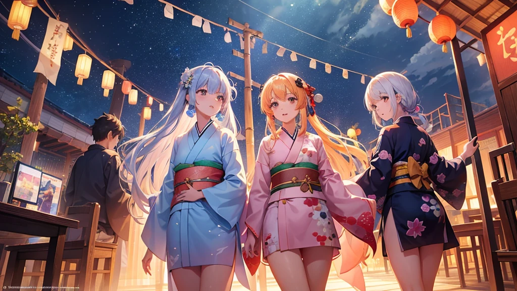 Tanabata in the night sky Girls and men in Chinese style kimonos(lover) Bamboo forest and paper strips Have shaved ice restaurant Multiple display monitors in the background(anime ) Aquarium(Goldfish)