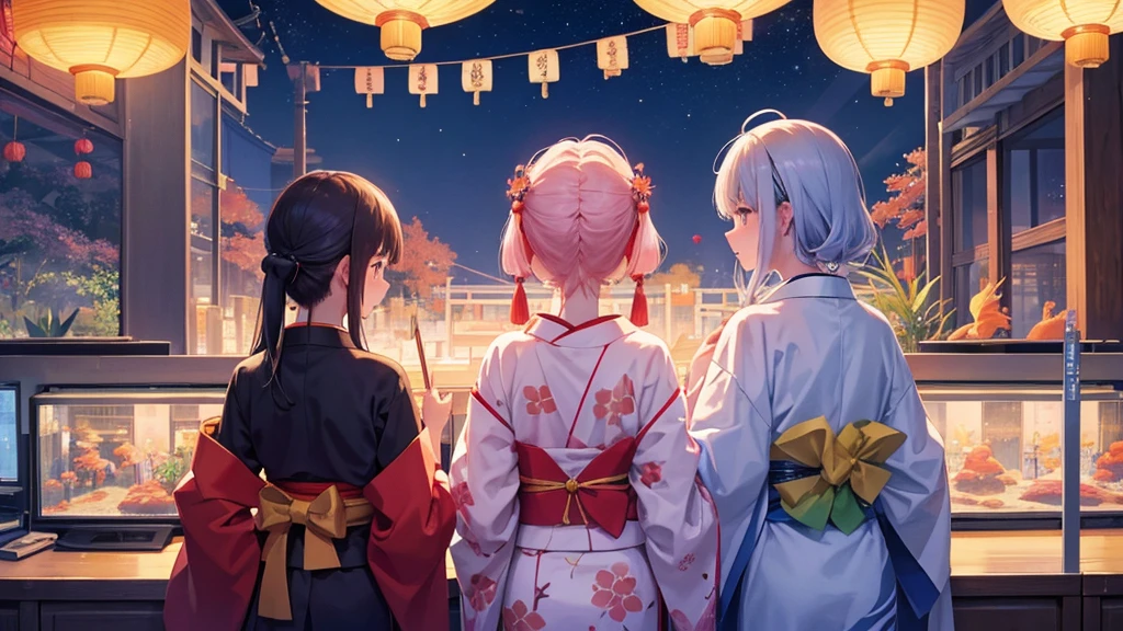 Tanabata in the night sky　Girls and men in Chinese style kimonos（lover）　Bamboo forest and paper strips　Have shaved ice　restaurant　Multiple display monitors in the background（anime　）　Aquarium（Goldfish）