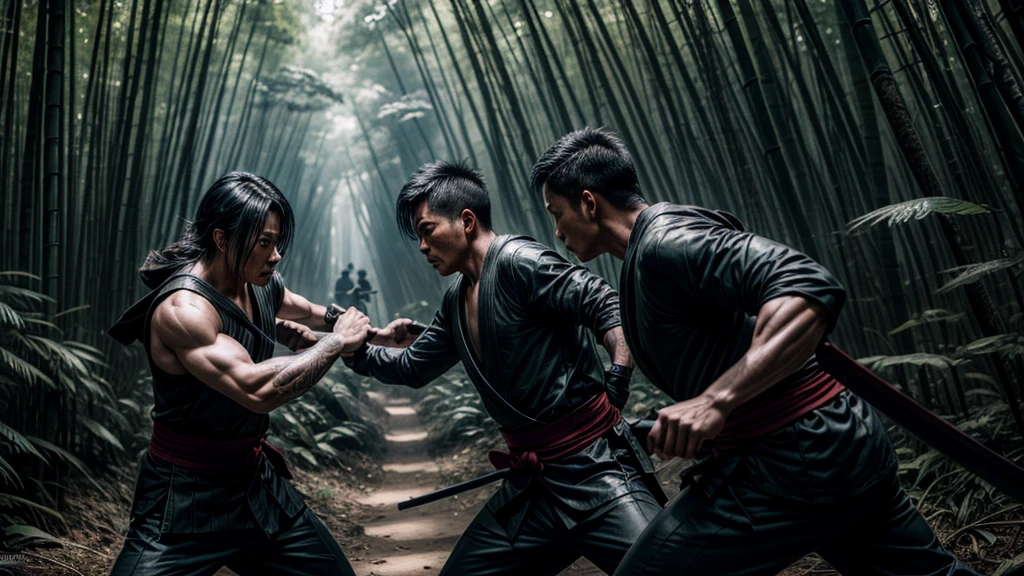 a fierce battle in a bamboo forest, カンフーマスター fighting against 3 ninja, highly detailed face and body, (best quality,4k,8k,highres,masterpiece:1.2),ultra-detailed,(realistic,photorealistic,photo-realistic:1.37),cinematic lighting, dramatic shadows, intricate details, dynamic movement, muted color palette, moody atmosphere, cinematic composition