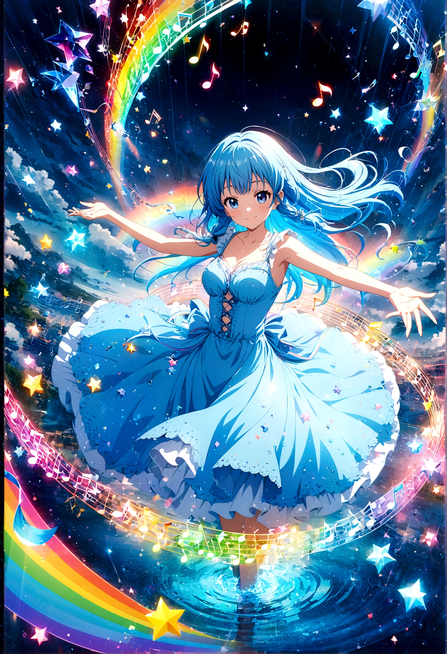 Anime style, ultra-detailed, 8K CG, blue-haired girl, smile, blue world, mysterious blue objects floating, star, (musical note), rainbow, blue dress, reflection, rainbow-colored water dancing around her. Rotating rainbow-colored water.