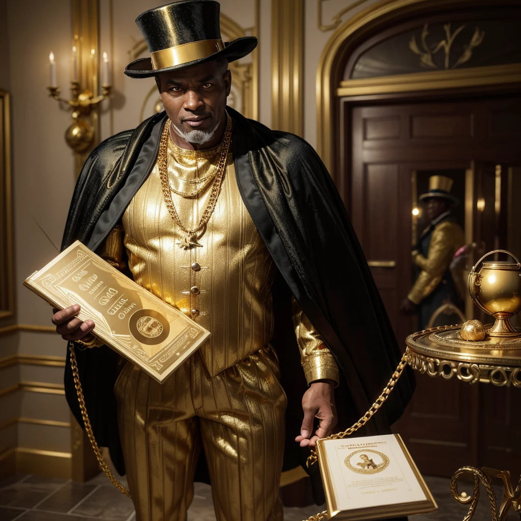 
(black man), (age 50 years old), (imposing), (wearing a golden cape), (gold shoe), (golden cross neck chain), (wide smile), (inside Scrooge McDuck's treasure) , (wearing a golden top hat), golden cane), (golden goat at his side), (holds a golden book),