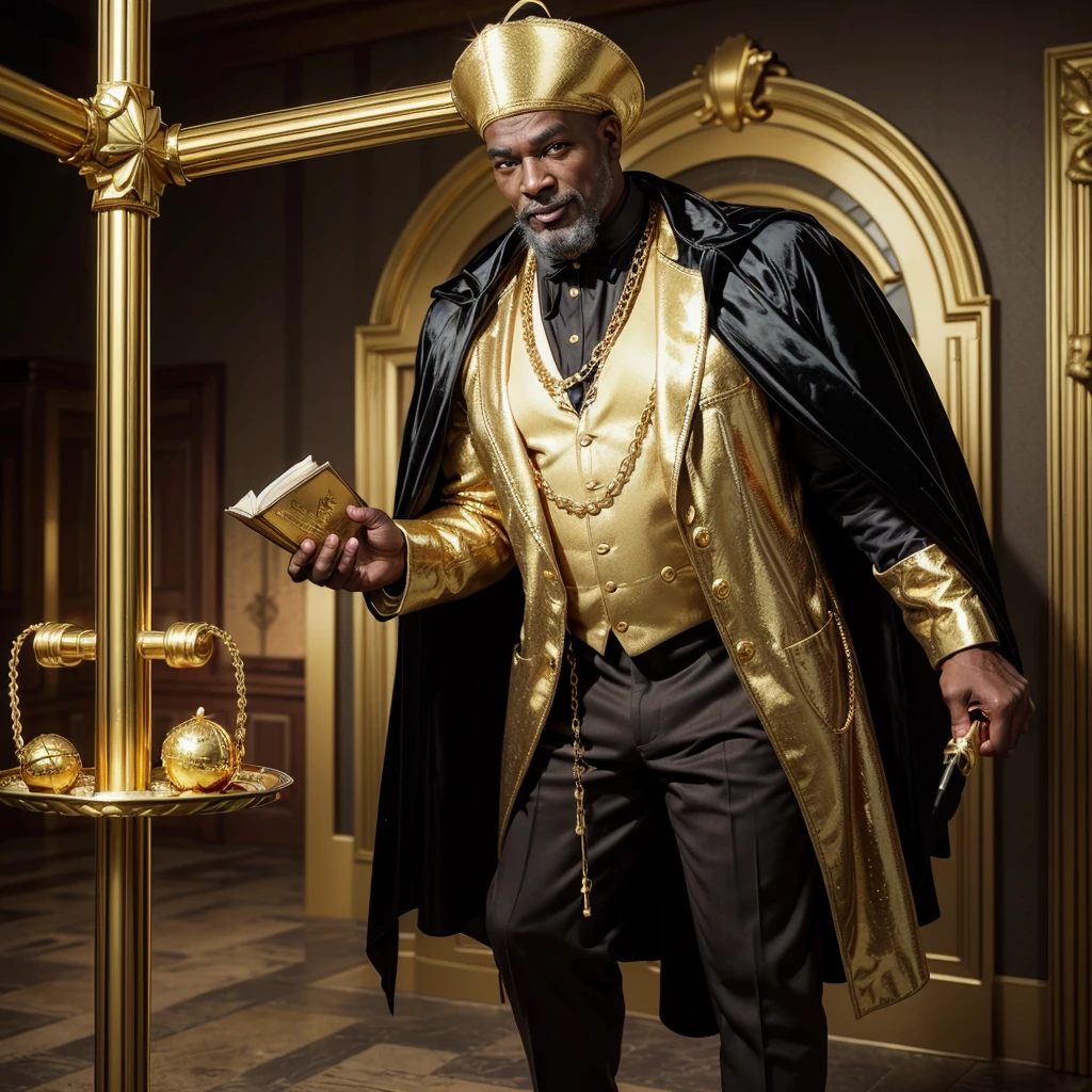 
(black man), (age 50 years old), (imposing), (wearing a golden cape), (gold shoe), (golden cross neck chain), (wide smile), (inside Scrooge McDuck's treasure) , (wearing a golden top hat), golden cane), (golden goat at his side), (holds a golden book),