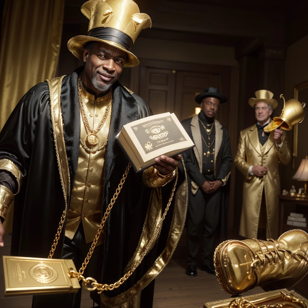 
(black man), (age 50 years old), (imposing), (wearing a golden cape), (gold shoe), (golden cross neck chain), (wide smile), (inside Scrooge McDuck's treasure) , (wearing a golden top hat), golden cane), (golden goat at his side), (holds a golden book),
