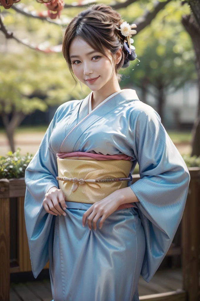 (masterpiece, highest quality, Realistic, High resolution, photograph, :1.3), Sharp focus, 1 Cute Japanese mature woman, 40 years old, Hot Model, gentle face, Highly detailed eyes and pupils, Realistic Skin, ((Voluptuous body)), Neckline, Highly detailed hair, Delicate face, Sensual look, Bright lips, Chubby lips, Natural Lip, big thick thighs, ((kimono:1.5)), ((whole body shot:1.2)), looking at viewer, smile, ((from below)), (((Trendy hairstyles:1.2))), ((hair ornament:1.2)), autumn setting, autumn trees and leaves