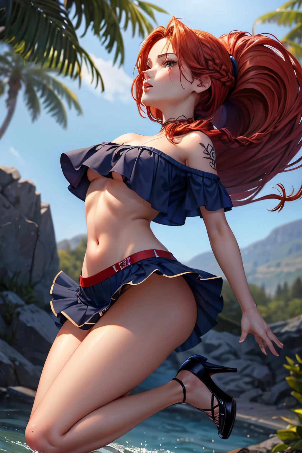 Young woman, slightly tanned, short crop top(dark blue), underboob, long legs, high heels(red), blonde long hair(open, one braid over the shoulder), miniskirt(black), at a small stream, tattoo, red lips, arms stretched in the air,