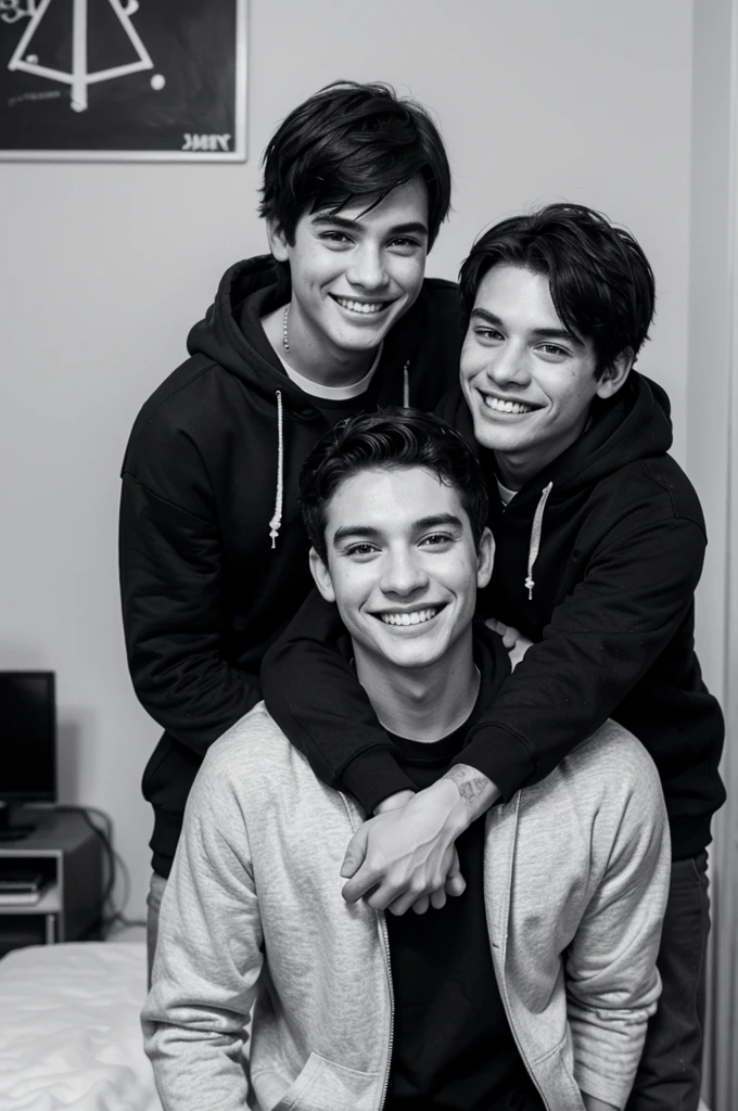 boys, wearing hoodies, black and white and smiling
