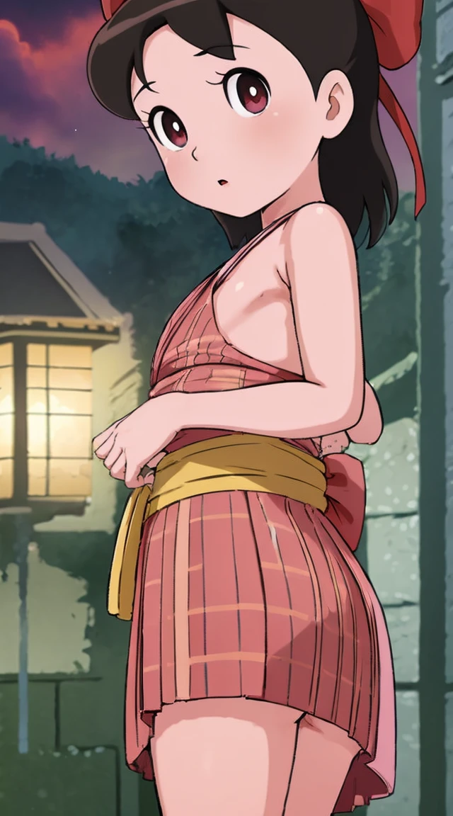 Masterpiece, Best Quality, High Resolution, Venus1, 1Girl, Solo, Tsuko Kamato, Bamboo, Gag, Hair (brown), Plaid Belt, Gag, Gag, Gradient Hair, Hair Ribbon, Haori, Japanese Clothing, Very Short Kimono, showing her underwear, big , Long Hair, Looking at the Audience, Multicolored Hair, Pink Eyes, Very Short Pink Kimono, showing her bra, Pink Ribbon, Ribbon, Solo, (((Masterpiece)), Forehead, standing posing infront of a burning house at night, with dark red clouds Cute puffing cheeks, seducing, Eyes wide, slim waist, sexy posing, slim tight,