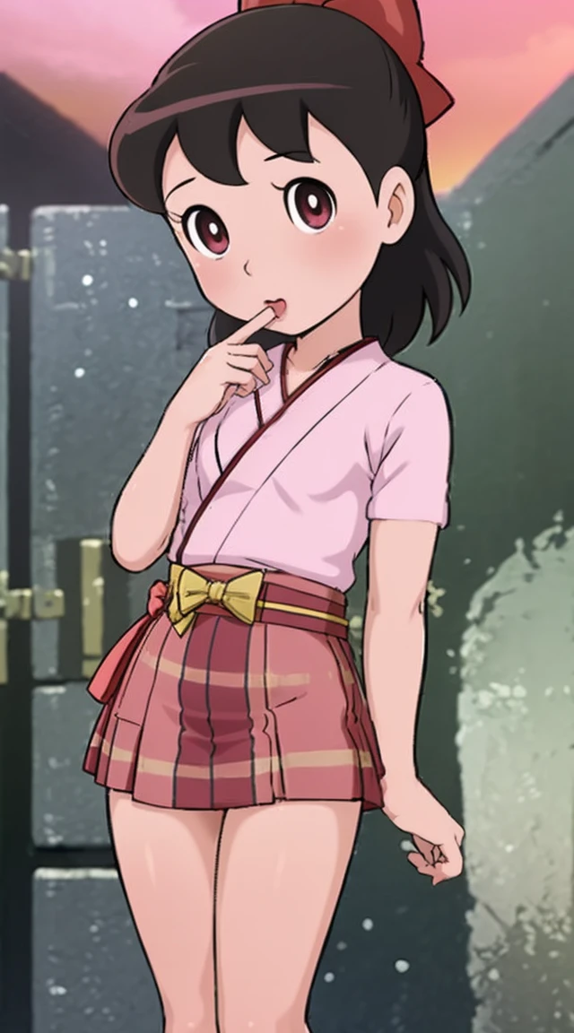 Masterpiece, Best Quality, High Resolution, Venus1, 1Girl, Solo, Tsuko Kamato, Bamboo, Gag, Hair (brown), Plaid Belt, Gag, Gag, Gradient Hair, Hair Ribbon, Haori, Japanese Clothing, Very Short Kimono, showing her underwear, big , Long Hair, Looking at the Audience, Multicolored Hair, Pink Eyes, Very Short Pink Kimono, showing her bra, Pink Ribbon, Ribbon, Solo, (((Masterpiece)), Forehead, standing posing infront of a burning house at night, with dark red clouds Cute puffing cheeks, seducing, Eyes wide, slim waist, sexy posing, slim tight,