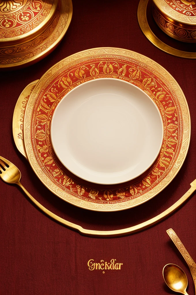 Design a circular logo for "Annapurna Utensils & Crockeries." Use traditional Indian motifs and warm colors like red and gold. Include symbols such as utensils or traditional patterns within the circle. Ensure the font is elegant and easy to read, fitting well within the circular design. The logo should feel welcoming and represent quality and heritage.