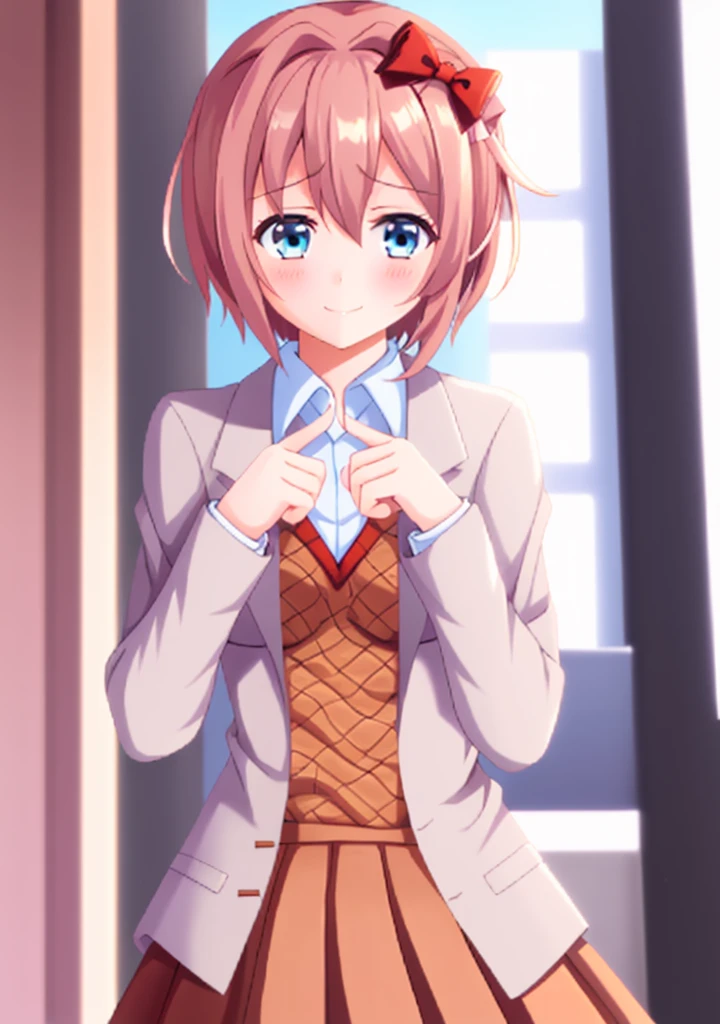 one girl, Sayori, DDLC, school blazer, hair bow, close to girl, light blue eyes, beautiful, index finders together, ashamed, blush, upward glance, dry smile, index finders, shifty eyes, girl focus