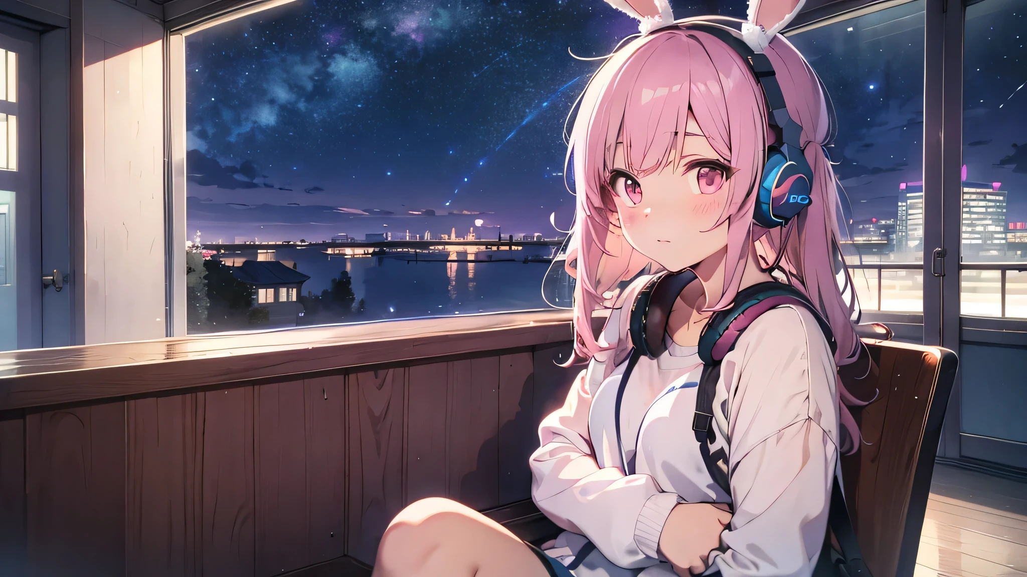 Highest quality, pretty girl, pastel colour, Fluffy bunny ears, Pink long hair,Pale pink eyes,You can see the starry sky from the window,Chill Pop,Lo-Fi,Pink headphones