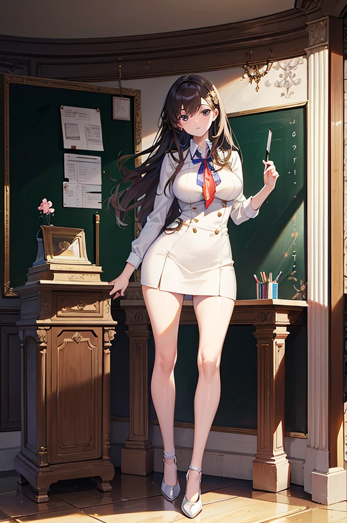 ((best quality)), ((masterpiece)), (detailed), a woman with an exquisite and stunning body figure, in a thinking pose holding a hand on her chin, in a school teacher uniform, standing in the classroom, facing towards the whiteboard, full body shot, wide view