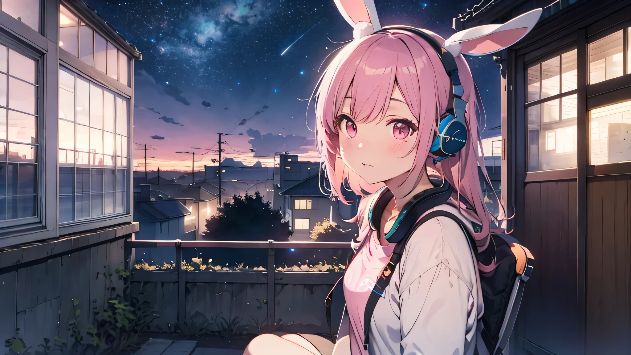 Highest quality, pretty girl, pastel colour, Fluffy bunny ears, Pink long hair,Pale pink eyes,You can see the starry sky from the window,Chill Pop,Lo-Fi,Pink headphones