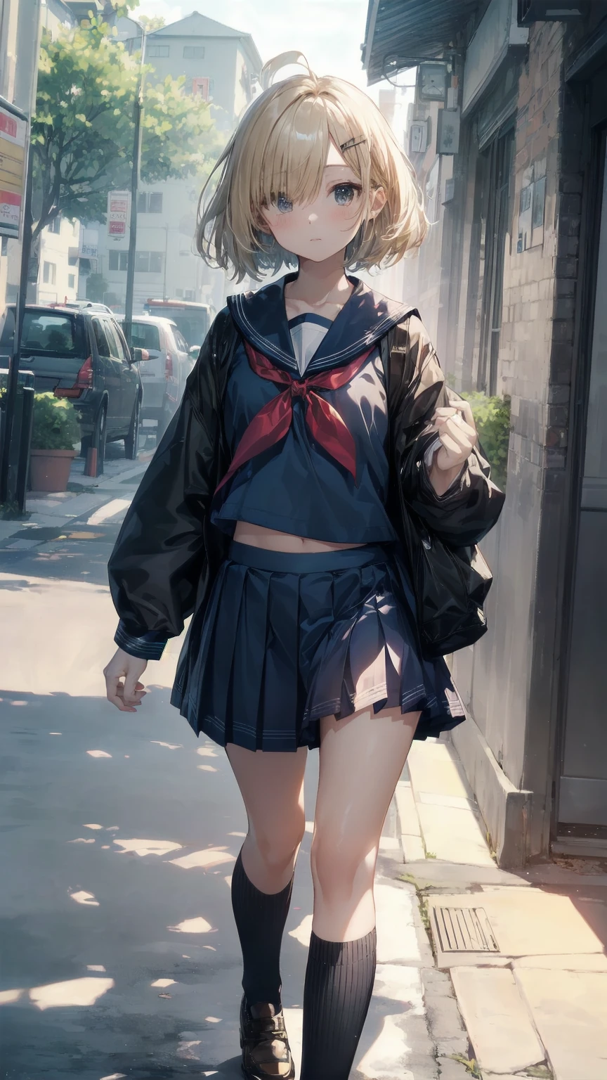 Highest quality, Anime Moe Art Style,Best Anime 8K Konachan Wallpaper,pixiv contest winners,Perfect Anatomy, (Please draw a girl walking sleepily to school...... ),break, 1 Girl, (alone,,,13 years old:1.3),high school student, short hair, amount, (Hair above one eye:1.7),All limbs, Full Finger,Medium Chest, Between the legs, Small eyes,accurate black eyes, Hair Clip, (Sailor suit:1.5),(school uniform:1.5) skirt,On the way to school. break,Very detailed,High resolution,ultra high density skin, Professional Lighting,8K eye detail, (Cute illustrations:1.2),blonde,blonde hair,Expressionless,(Hair on one eye:1.5),Sailor suit
