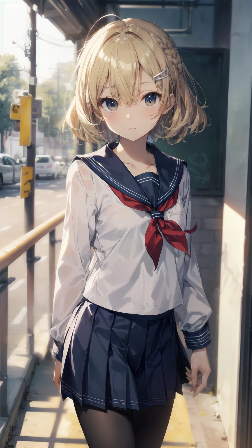 Highest quality, Anime Moe Art Style,Best Anime 8K Konachan Wallpaper,pixiv contest winners,Perfect Anatomy, (Please draw a girl walking sleepily to school...... ),break, 1 Girl, (alone,,,13 years old:1.3),high school student, short hair, amount, (Hair above one eye:1.7),All limbs, Full Finger,Medium Chest, Between the legs, Small eyes,accurate black eyes, Hair Clip, (Sailor suit:1.5),(school uniform:1.5) skirt,On the way to school. break,Very detailed,High resolution,ultra high density skin, Professional Lighting,8K eye detail, (Cute illustrations:1.2),blonde，blonde hair，Expressionless，(Hair on one eye:1.5)，Sailor suit