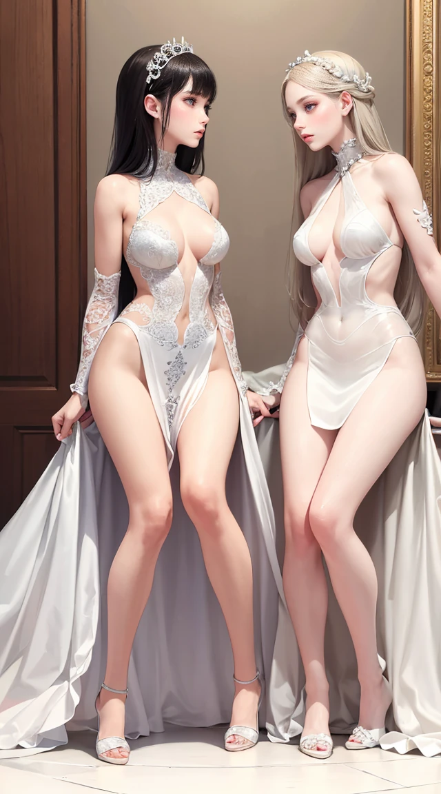 A pair of identical cloned girls,Face to face battle,Full body,Beautiful meticulous eyes,Beautiful delicate lips,Extremely detailed eyes and face,Long eyelashes,Flawless skin,Porcelain skin