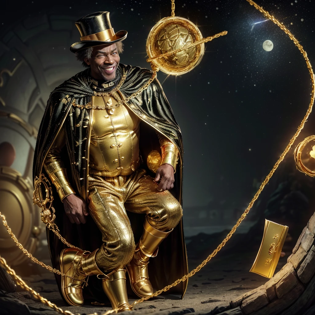(black man), (age 50 years), (night with golden moon(, (imposing), (wearing golden cape), (golden shoe), (golden cross neck chain), (wide smile), ( inside Scrooge McDuck's treasure), (wearing a golden top hat), golden cane), (golden goat at his side), (holds a golden book),