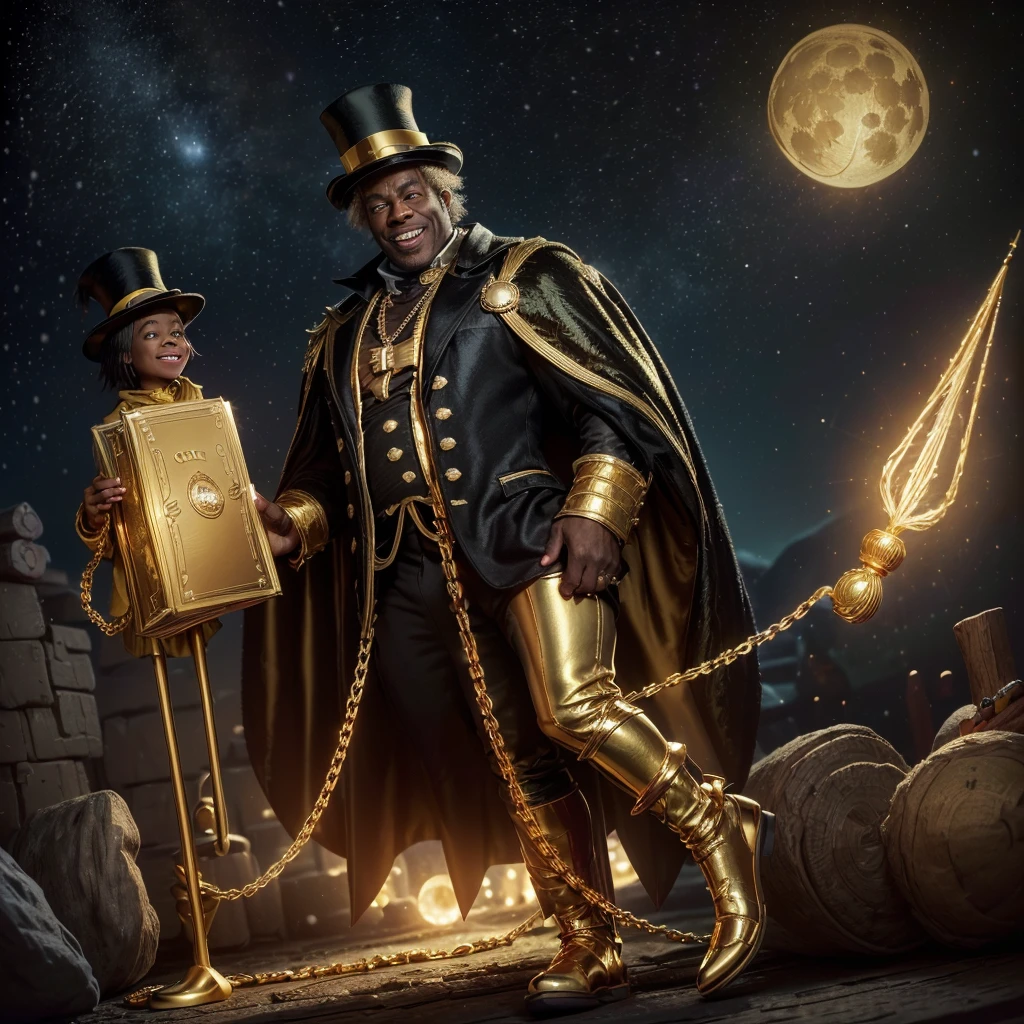 (black man), (age 50 years), (night with golden moon(, (imposing), (wearing golden cape), (golden shoe), (golden cross neck chain), (wide smile), ( inside Scrooge McDuck's treasure), (wearing a golden top hat), golden cane), (golden goat at his side), (holds a golden book),
