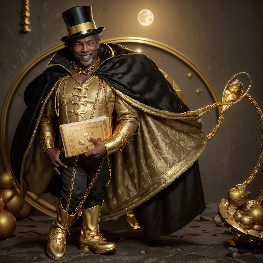 (black man), (age 50 years), (night with golden moon(, (imposing), (wearing golden cape), (golden shoe), (golden cross neck chain), (wide smile), ( inside Scrooge McDuck's treasure), (wearing a golden top hat), golden cane), (golden goat at his side), (holds a golden book),