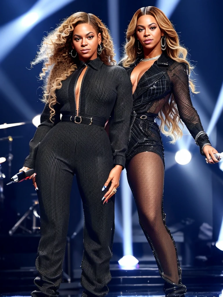 Beyonce, wear Black plaid jumpsuit, sparkling stage