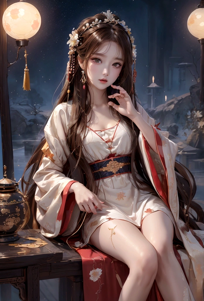 Best image quality、、masterpiece：1.3))、Realistic high-quality photos、Highest quality、 Beautiful face、Photos of slim models、Beautiful girl model、Young and pretty face、Beautiful model girl、A lovely and delicate face、Brown Hair、Beautiful brown eyes、Tear bags、Young Body、(Finely scattered splashes of color), (figure),(((1 Girl))),(Long Hair),(rain:0.9), (Headdress: 1.4), There is an ancient palace next to the girl., Hanfu, (emphasize),  ink painting, (Spattered colors), Spattered colors, (((colorful))), (sketch: 0.8), Tabletop, Highest quality, Beautifully drawn, verydetailedな,(Noise Reduction:0.6),[Splash Ink],((Ink Refraction)), (美しくdetailedな空),moon,very,detailed,(Tabletop, Highest quality, verydetailedな)、Small breasts、Exposed thighs