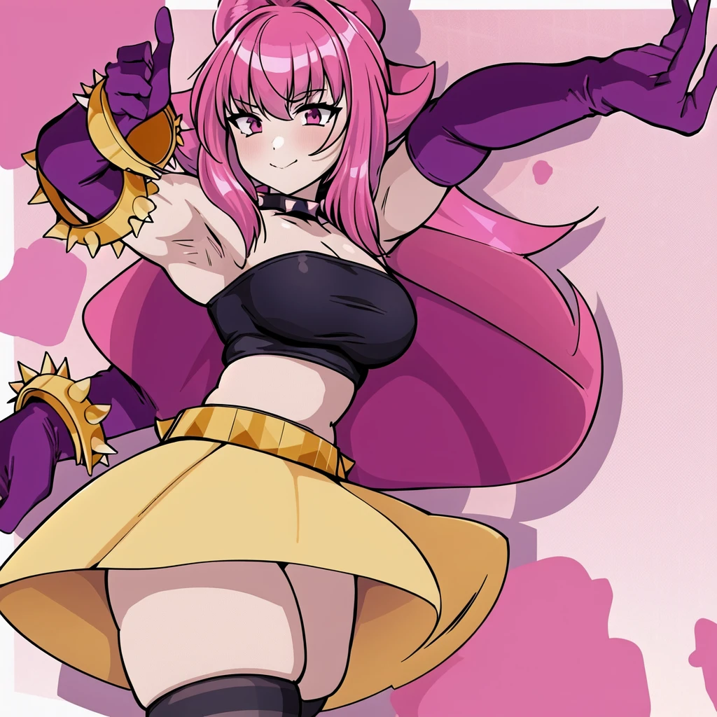 (masterpiece, best quality:1.2), 1girl, solo, melodiebs, fur shoulders pads, spiked, bracelet, black thighhighs, pink hair, orange skirt, purple gloves, purple elbow, gloves, red bow, crop top, pink hair, miniskirt, thighhighs, black crop top, black, choker, navel, heart