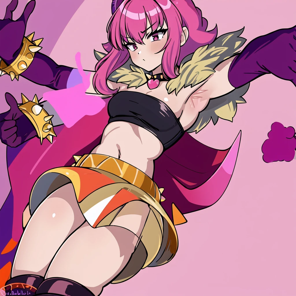 (masterpiece, best quality:1.2), 1girl, solo, melodiebs, fur shoulders pads, spiked, bracelet, black thighhighs, pink hair, orange skirt, purple gloves, purple elbow, gloves, red bow, crop top, pink hair, miniskirt, thighhighs, black crop top, black, choker, navel, heart