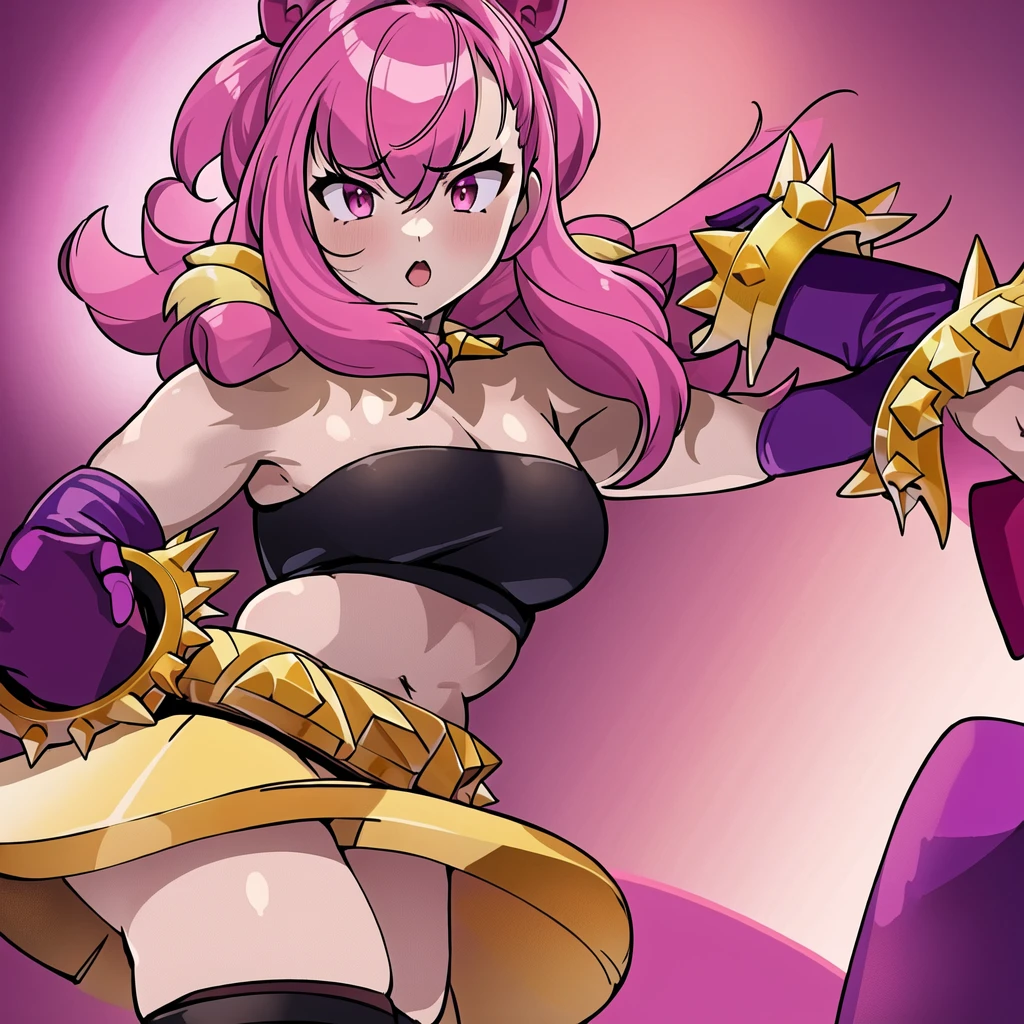 (masterpiece, best quality:1.2), 1girl, solo, melodiebs, fur shoulders pads, spiked, bracelet, black thighhighs, pink hair, orange skirt, purple gloves, purple elbow, gloves, red bow, crop top, pink hair, miniskirt, thighhighs, black crop top, black, choker, navel, heart