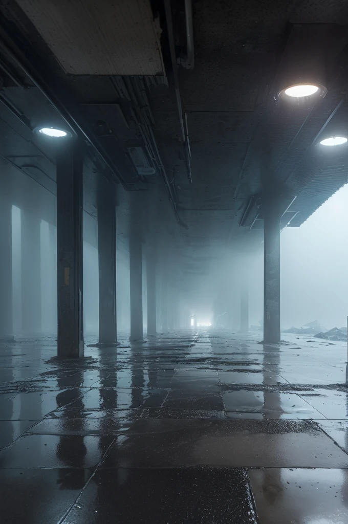 ((best quality)), ((wet asphalt)), (detailed), ((A gigantic brutalist construction)) ((with a fog)) ((low lighting with a bluish tone))  ((wet floor reflecting light )) ((liminal spaces)) ((wide and infinite)) ((afternoon but not so bright)) 
((ultra realisitic)) ((outside)) ((fire flies)) ((light posts)) 