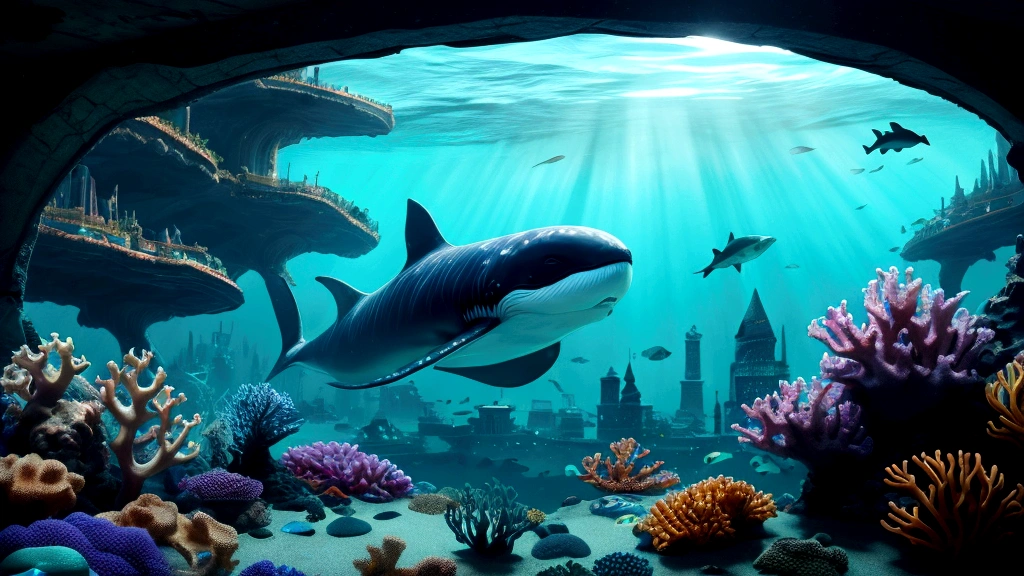 "A fantastical and serene deep-sea city scene viewed from the ocean floor looking up towards the water surface. The city is very large with futuristic buildings, domes, and spires, completely submerged in clear emerald green water. The scene has a magical and tranquil atmosphere, with soft glowing lights illuminating the city. The water is deep, creating a darker and more mysterious environment. In the background, the silhouette of a whale can be seen. The city is surrounded by vibrant marine life and coral formations. The image is high-resolution and realistic, capturing the enchanting beauty of the underwater city. The aspect ratio is 16:9."