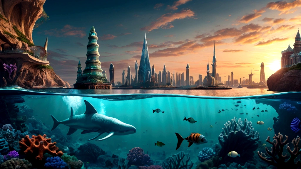 "A fantastical and serene deep-sea city scene viewed from the ocean floor looking up towards the water surface. The city is very large with futuristic buildings, domes, and spires, completely submerged in clear emerald green water. The scene has a magical and tranquil atmosphere, with soft glowing lights illuminating the city. The water is deep, creating a darker and more mysterious environment. In the background, the silhouette of a whale can be seen. The city is surrounded by vibrant marine life and coral formations. The image is high-resolution and realistic, capturing the enchanting beauty of the underwater city. The aspect ratio is 16:9."