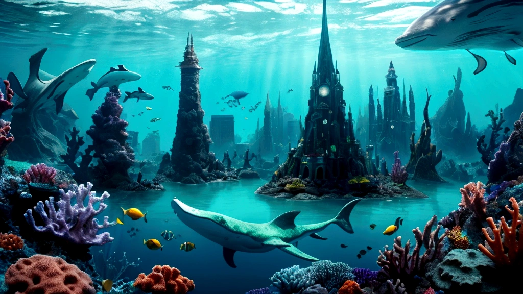 "A fantastical and serene deep-sea city scene viewed from the ocean floor looking up towards the water surface. The city is very large with futuristic buildings, domes, and spires, completely submerged in clear emerald green water. The scene has a magical and tranquil atmosphere, with soft glowing lights illuminating the city. The water is deep, creating a darker and more mysterious environment. In the background, the silhouette of a whale can be seen. The city is surrounded by vibrant marine life and coral formations. The image is high-resolution and realistic, capturing the enchanting beauty of the underwater city. The aspect ratio is 16:9."