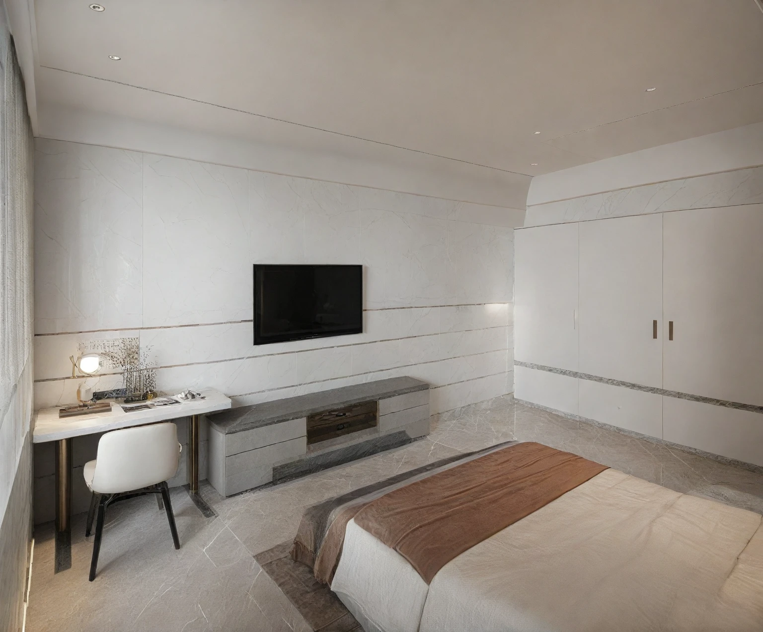 Raw photo,Masterpiece, high quality, best quality, authentic, super detail,
indoors, interior , (( BEDROOM:1.3 )), modern style, daylight, (WHITE WALL),luxury, marble tile floor