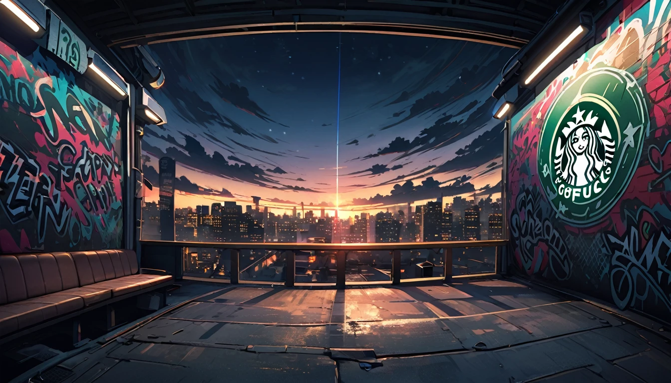 HD 8K outdoor, White clouds in the night, graffiti famous spray art starbucks coffee panoramic, no people,