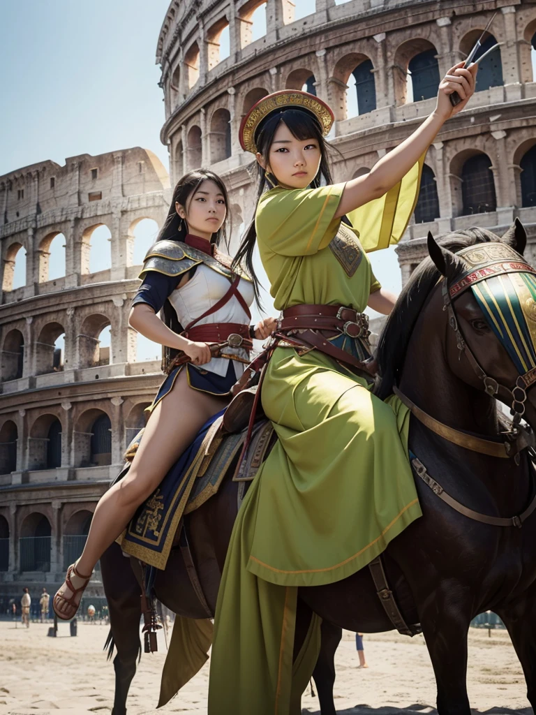 selfie, full body, Chinese people, calm face, 1 woman holding a sword and shield is riding an Italian boat, everyone wearing ancient Roman armor, background in front of the Colosseum and lime green beaches and traditional Italian ships, full HD, 16k, high contrast, high saturation, hyper realistic photos, good light, Nice face and very detailed