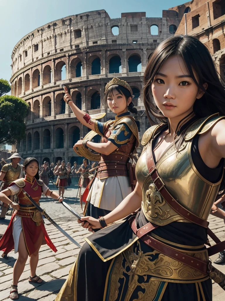 selfie, full body, Chinese people, calm face, 1 woman holding a sword and shield is riding an Italian boat, everyone wearing ancient Roman armor, background in front of the Colosseum and lime green beaches and traditional Italian ships, full HD, 16k, high contrast, high saturation, hyper realistic photos, good light, Nice face and very detailed
