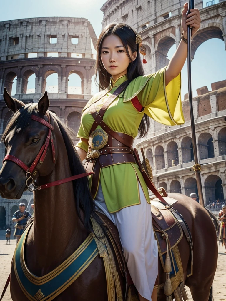 selfie, full body, Chinese people, calm face, 1 woman holding a sword and shield is riding an Italian boat, everyone wearing ancient Roman armor, background in front of the Colosseum and lime green beaches and traditional Italian ships, full HD, 16k, high contrast, high saturation, hyper realistic photos, good light, Nice face and very detailed