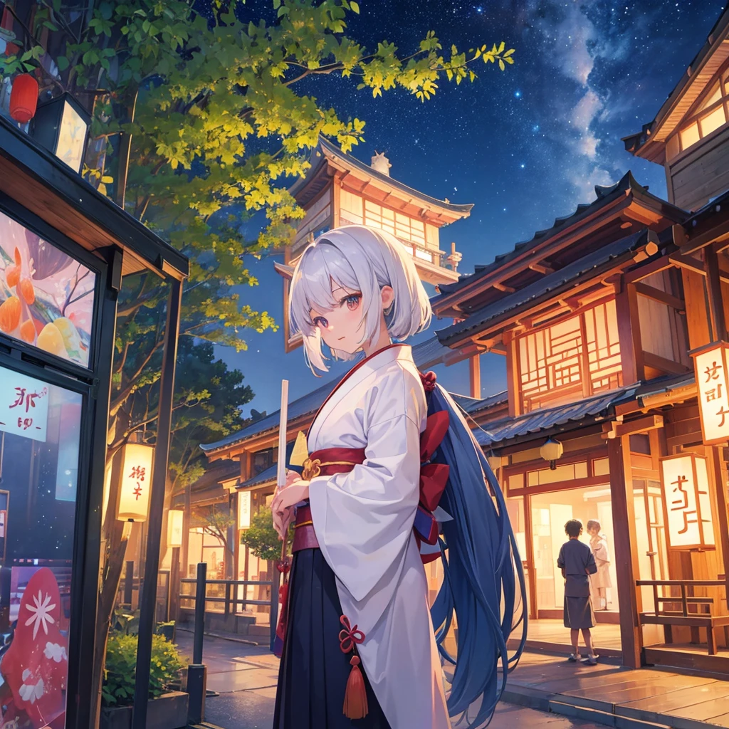 Tanabata in the night sky Girls and men in Chinese style kimonos(lover) Bamboo forest and paper strips Have shaved ice restaurant Multiple display monitors in the background(anime ) Aquarium(Goldfish)