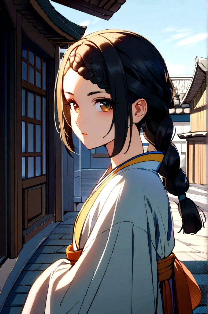((1girl)),((building)), braided bangs,braided ponytail,(solo:1.2), balck hair, ,looking at viewer, sunlight,hanfu, chengqiang, 