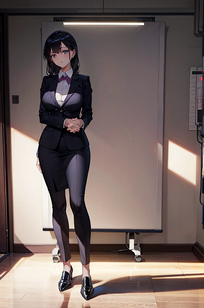 a woman, an exquisite and stunning body figure, good shape, in a thinking pose holding a hand on her chin, in a school teacher uniform, standing in the classroom, facing towards the whiteboard, full body shot, wide view