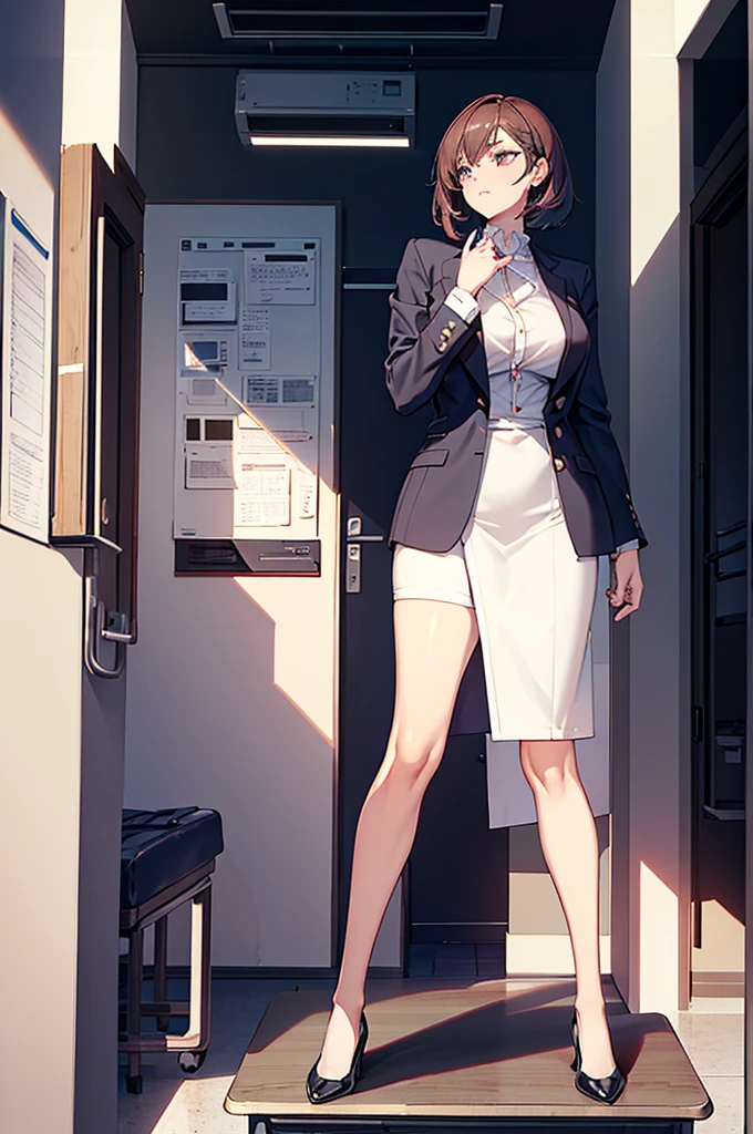 a woman, an exquisite and stunning body figure, good shape, in a thinking pose holding a hand on her chin, in a school teacher uniform, standing in the classroom, facing towards the whiteboard, full body shot, wide view