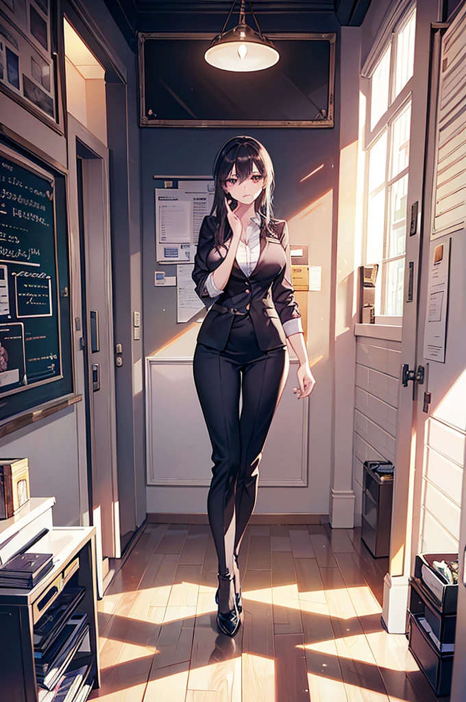 a woman, an exquisite and stunning body figure, good shape, in a thinking pose holding a hand on her chin, in a school teacher uniform, standing in the classroom, facing towards the whiteboard, full body shot, wide view