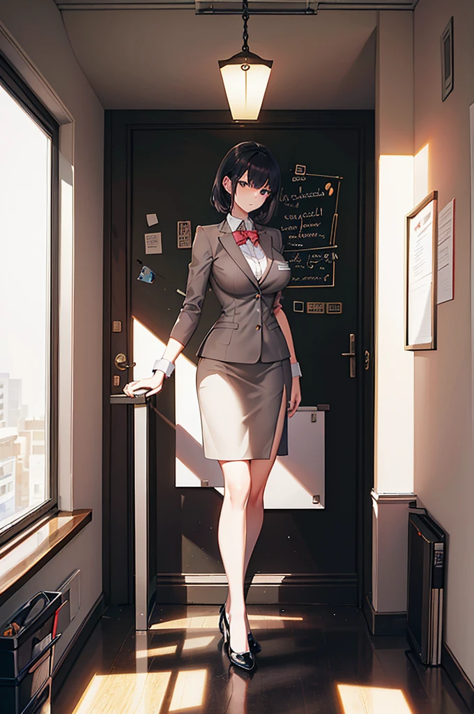  a  woman, an exquisite and stunning body  figure, good shape,  in a thinking  pose holding a hand on her chin, in a school teacher uniform, standing in the classroom, facing towards the whiteboard, full body shot, wide view