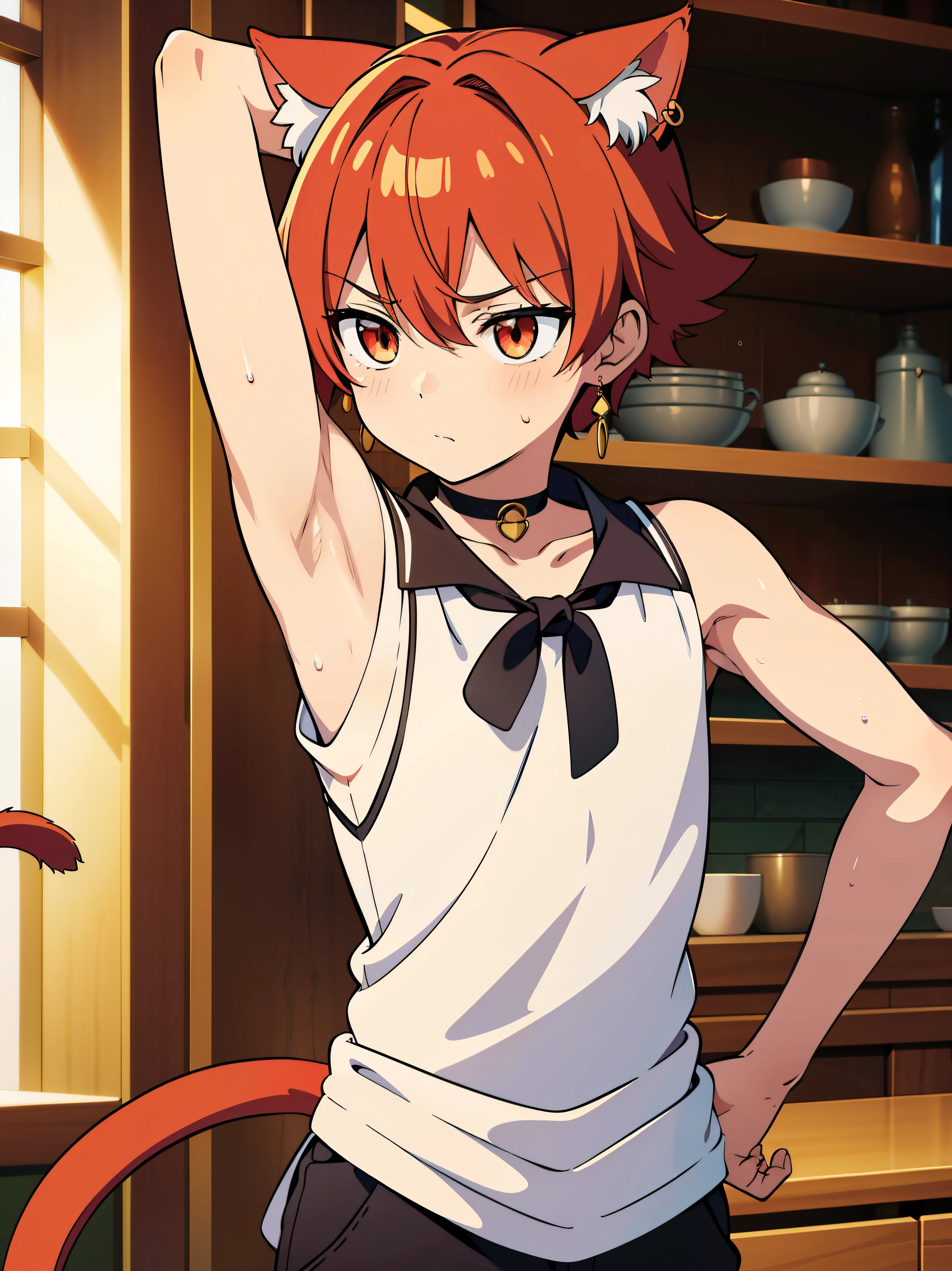 Highres, Masterpiece, Best quality at best,Best Quality,hight quality, hight detailed, Anime style, (little boys), (Showing armpit:1.3), Red hair, fluffy hair, Sleeveless vest, waitwr, Tie, cafe, Earring, Bare shoulder, elbow covered, Slim body, choker, Cat ear, cat tail, upper body, sweat, Blurry beckground, (very thin body), (very young boy), (very small and short body), uhd