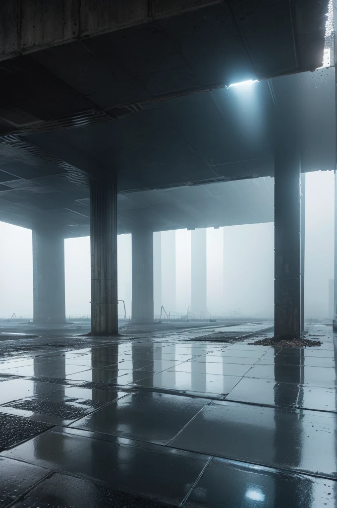 ((best quality)), ((wet asphalt)), (detailed), ((A gigantic brutalist construction)) ((with a fog)) ((low lighting with a bluish tone))  ((wet floor reflecting light )) ((liminal spaces)) ((wide and infinite)) ((afternoon but not so bright)) 
((ultra realisitic)) ((outside)) ((fire flies)) ((light posts)) 