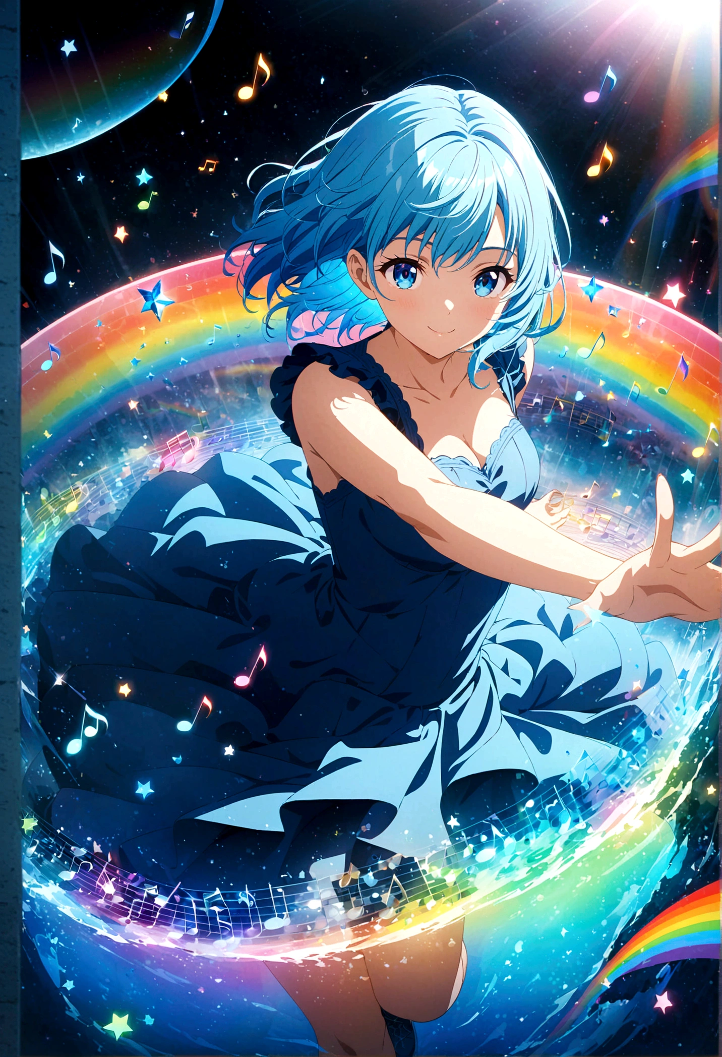 Anime style, ultra-detailed, 8K CG, blue-haired girl, smile, blue world, mysterious blue objects floating, star, (musical note), rainbow, blue dress, reflection, rainbow-colored water dancing around her. Rotating rainbow-colored water.